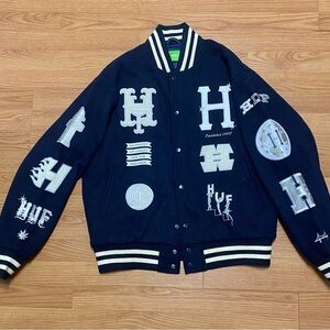 HUF Black Varsity Jacket with White Patches